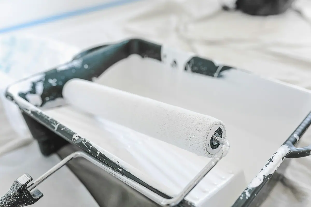 Paint roller in a paint tray