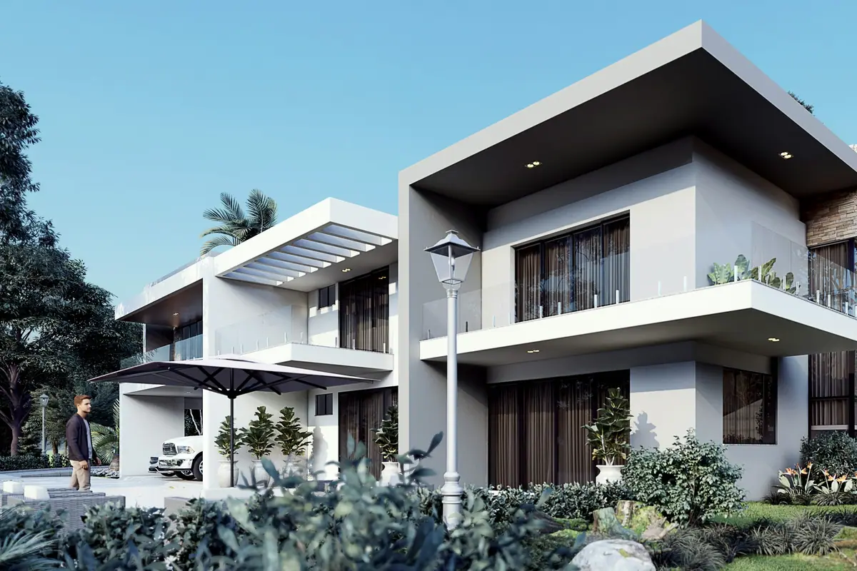 Two-story detached house with a white exterior