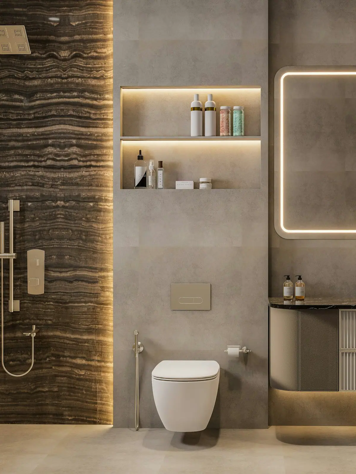 Bathroom with a niche and concealed lighting