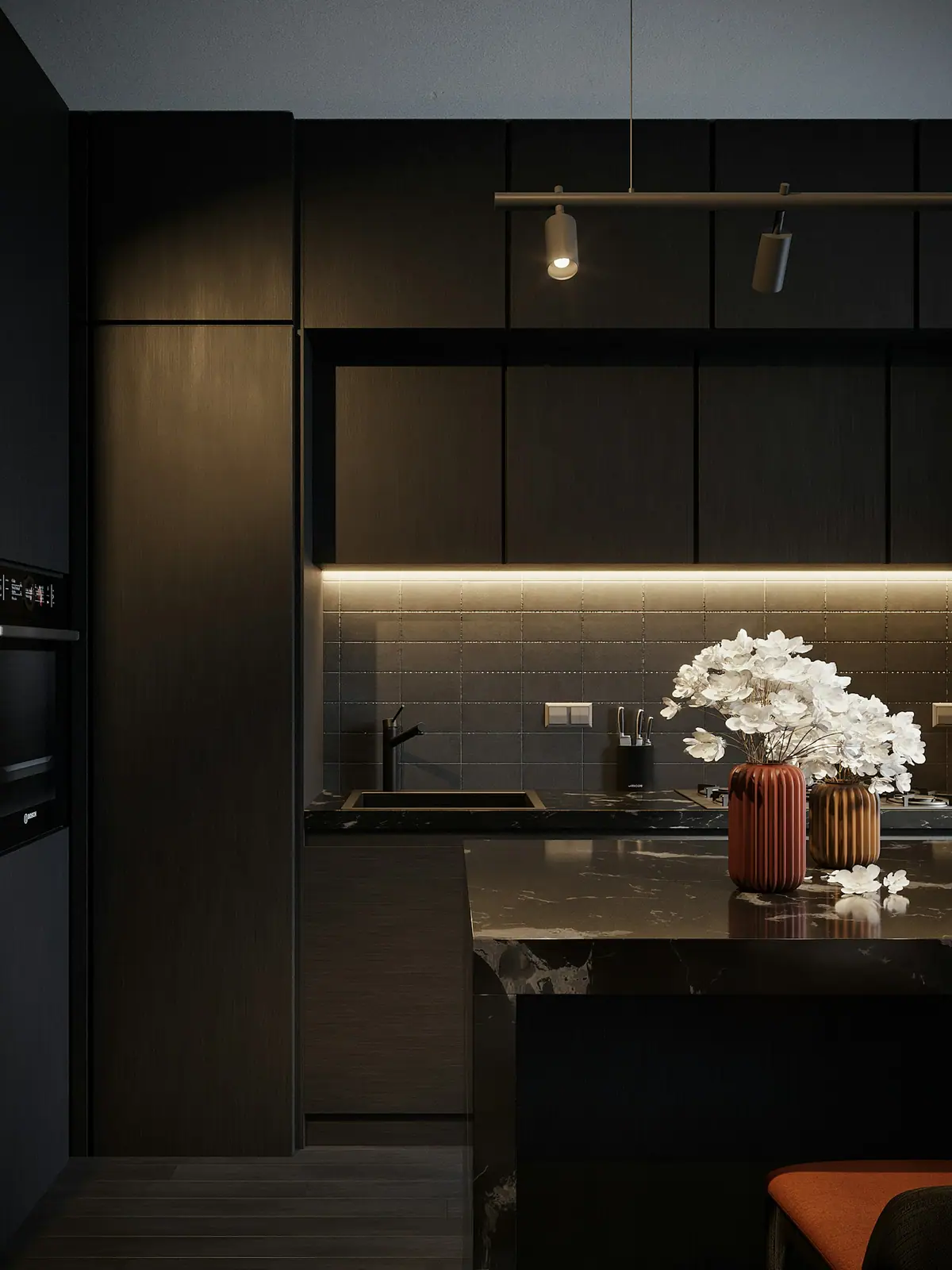 Kitchen with charcoal cabinets
