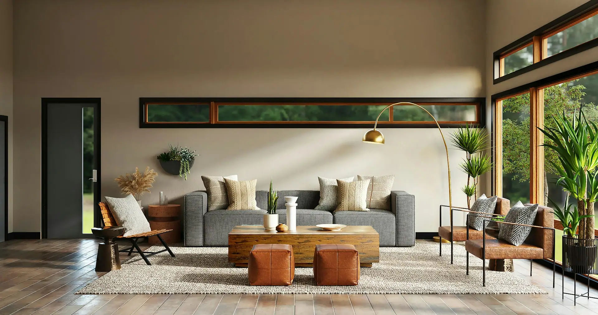 Remodeled living room with wood floors, a gray sofa, a bronze floor lamp and large windows