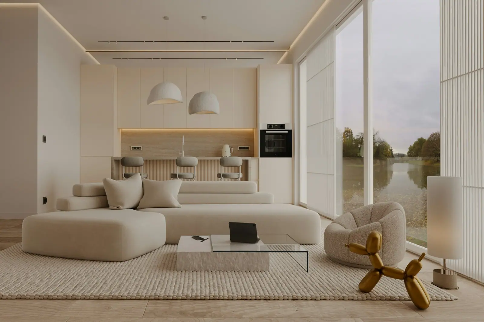 Fully remodeled living room with an open kitchen