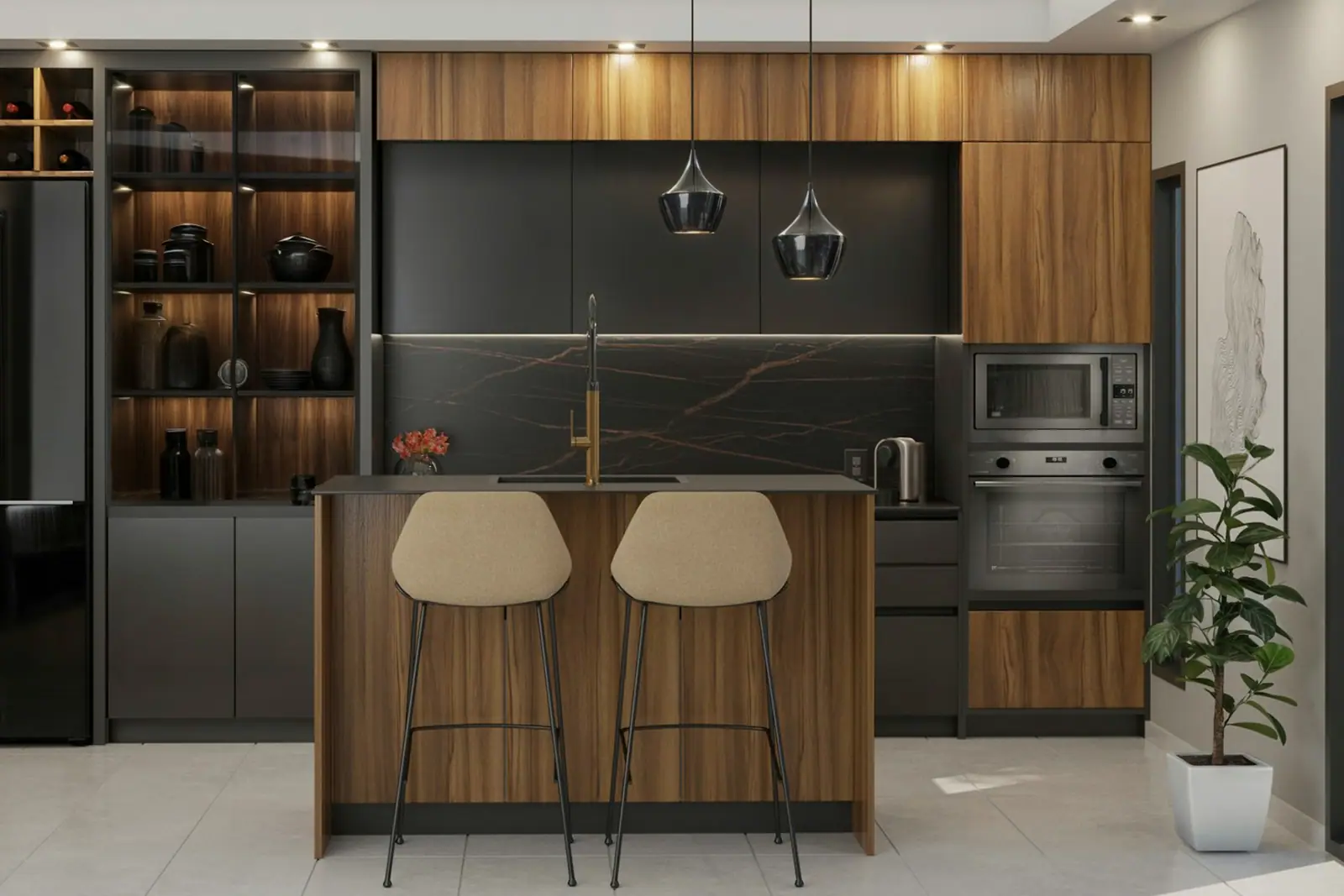 New kitchen with walnut cabinets and an island