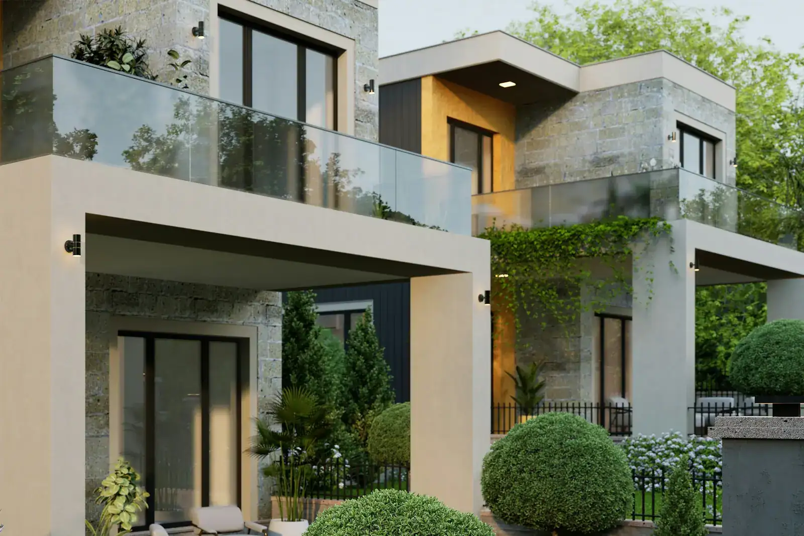 Detached house with a stone facade and a yard