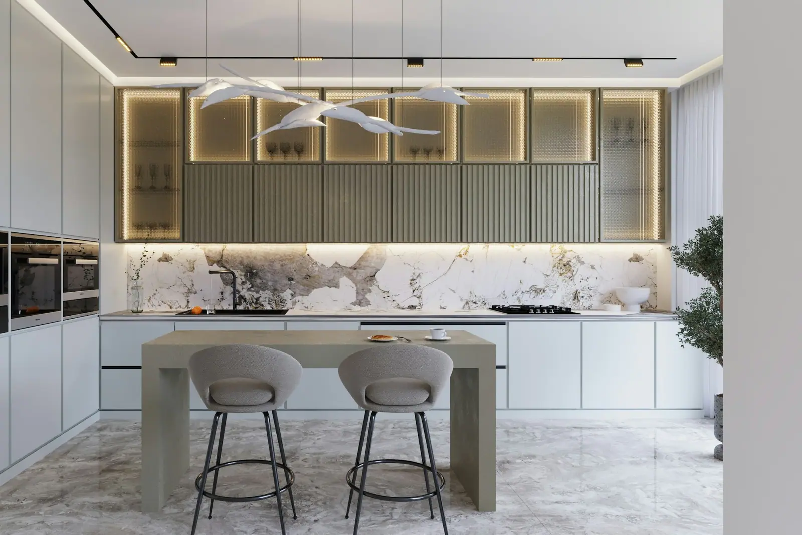 New kitchen with marble countertops and concealed lighting
