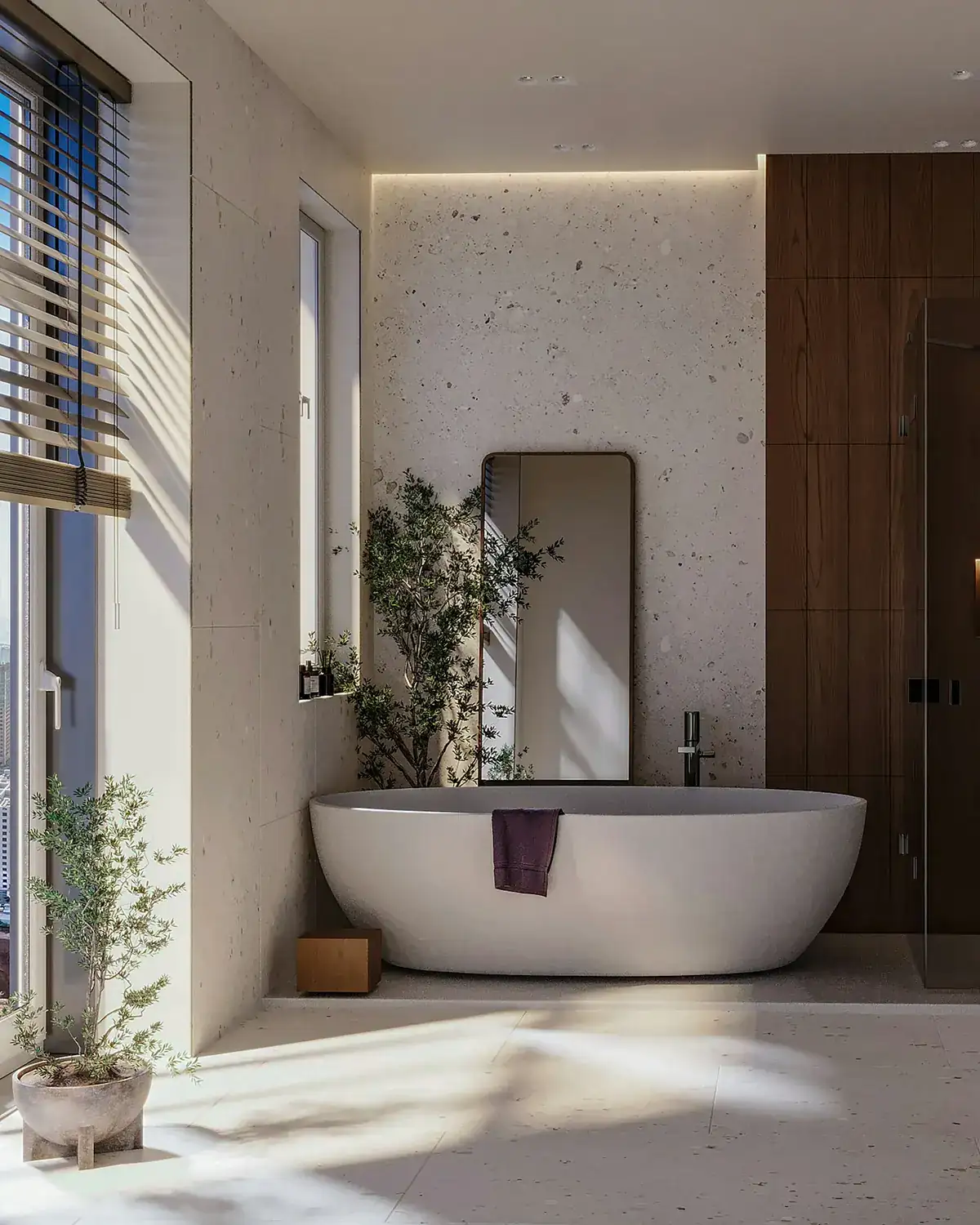 Finished, bright bathroom with a tub